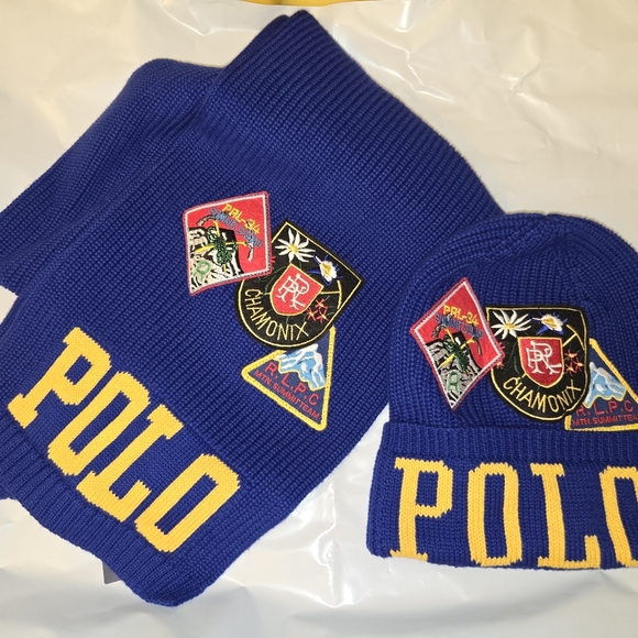Polo by Ralph Lauren Blue and Yellow Patches Hat and Scarf Set